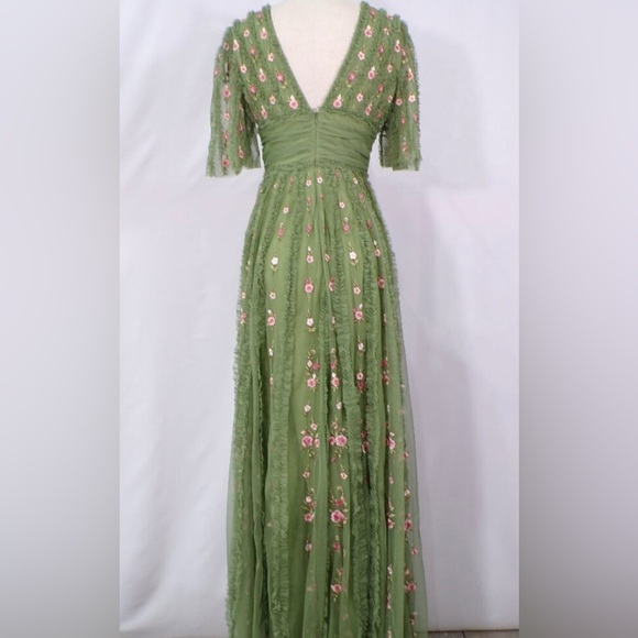 NWT Mac Duggal Green V-Neck Ruffle Gown - Picture 2 of 4